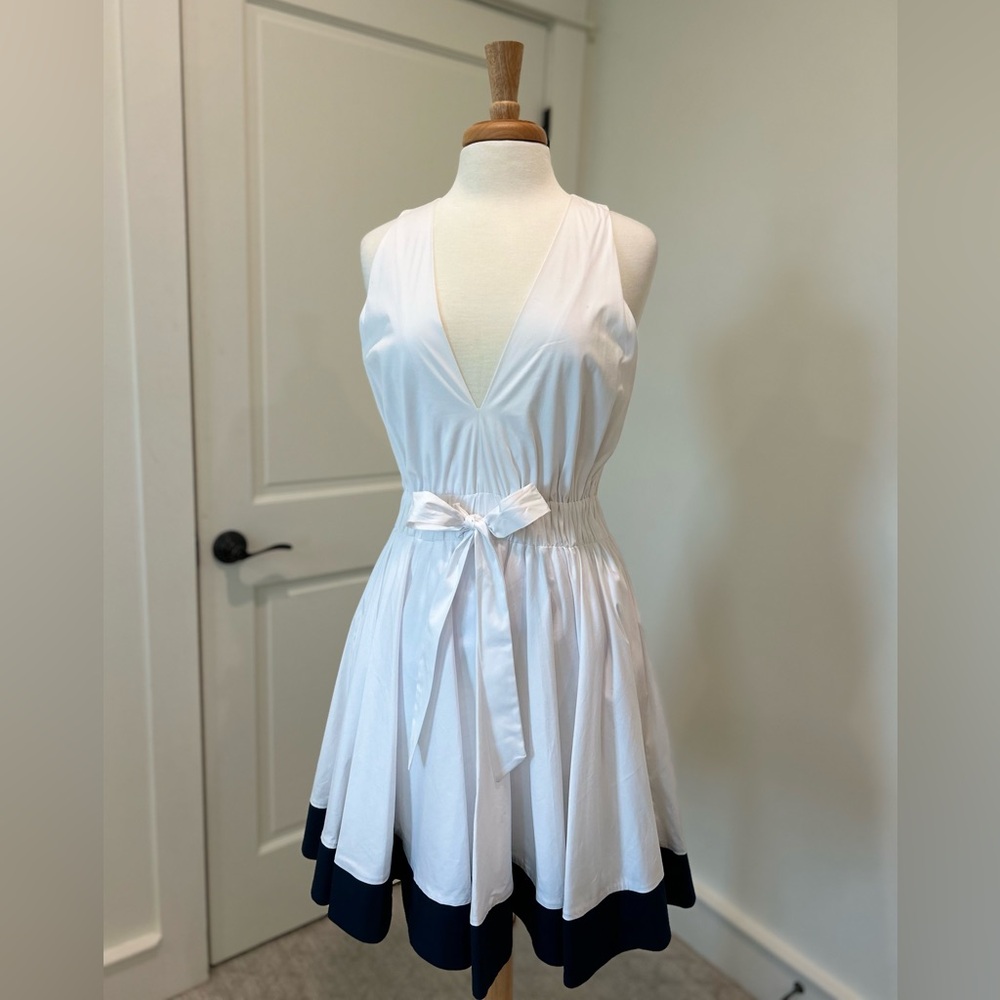 NWT Milly White Dress with Navy Stripe Bow Detail Medium